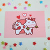 postcard mini print of a white and pink spotted cow drawn in a cute style on a pink background