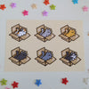 postcard mini print of six cats in cardboard boxes drawn in a kawaii style