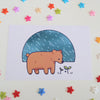 postcard mini print of brown bear drawn in a cute style against a rainy background