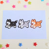 postcard mini print featuring illustration of three huskies (black, gray, and red) running together, drawn in a cute style