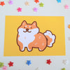 postcard mini print of a red and white shiba inu drawn in a simple cute style with a yellow background