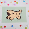 postcard mini print of a cute golden retriever with a light green background