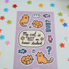 sticker sheet featuring orange tabby cats and text that reads "my cat is NOT an honor student"