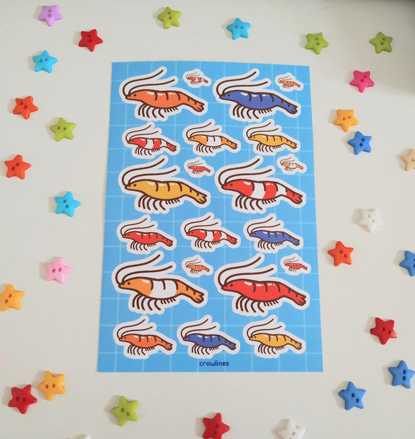 sticker sheet featuring assorted shrimp colors in various sizes. in total there are 21 stickers