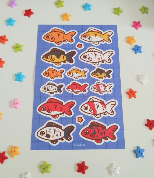 sticker sheet of various colors of fancy goldfish