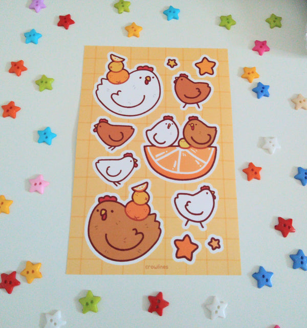 sticker sheet of chickens and oranges