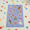 sticker sheet of bunnies with various summertime imagery such as pool floatie, ice pop, ice cream, sunglasses, watermelon slices