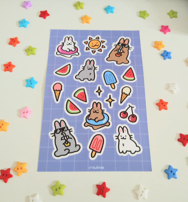sticker sheet of bunnies with various summertime imagery such as pool floatie, ice pop, ice cream, sunglasses, watermelon slices