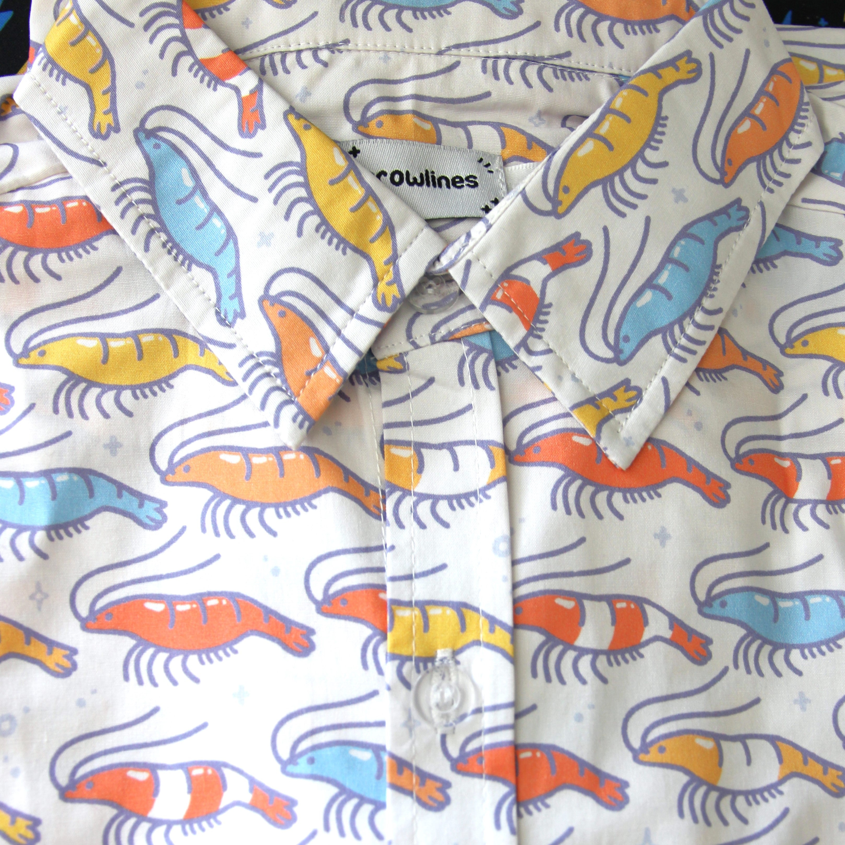 white button up shirt patterned with colorful shrimp