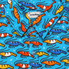 Bright blue button up patterned with shrimp in various colors