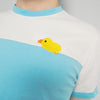 Color block ringer tee made of white and light blue cotton. The left chest is embroidered with a cute duck.