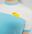 Color block ringer tee made of white and light blue cotton. The left chest is embroidered with a cute duck.