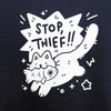 Navy blue shirt printed with white ink graphic of a cat running with a fish in its mouth. Text in a spiky speech bubble reads "STOP, THIEF!!"