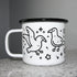 White enamel mug with black rim. Seagulls and stars printed in black ink. White seagull camping mug