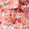 Pink button up shirt patterned with cats, envelopes, stamps, hearts, and flowers