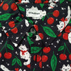 Black button up shirt patterned with cats and cherries. The cats are wearing red ribbons around their necks. The color scheme is black, white, red, and green.