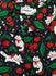 Black button up shirt patterned with cats and cherries. The cats are wearing red ribbons around their necks. The color scheme is black, white, red, and green.