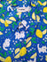 Blue button up shirt patterned with cats, lemons, and lemon flowers. The color scheme is blue, white, green, and yellow.