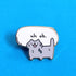 Gold plated hard enamel pin of a sweating gray cat with speech bubble "uh oh."