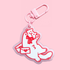 Pink acrylic keychain with cute art of a sleepy cat wearing a ribbon bow around its neck. There are love letter envelopes next to the cat. The keychain has a light pink clasp.